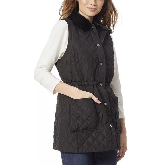 Jones New York Signature Black Women's Faux-Fur Collar Quilted Long Vest L NWOT - Picture 1 of 7
